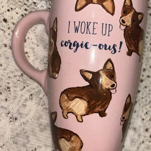 NWOT large Sheffield Home Corgis themed pink mug with black lid